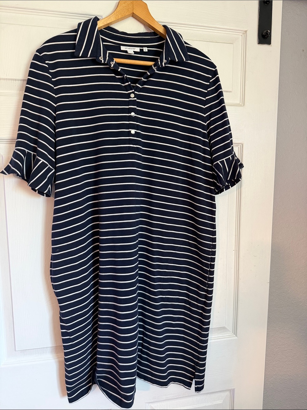Chico's Navy and White Striped Midi Polo Dress